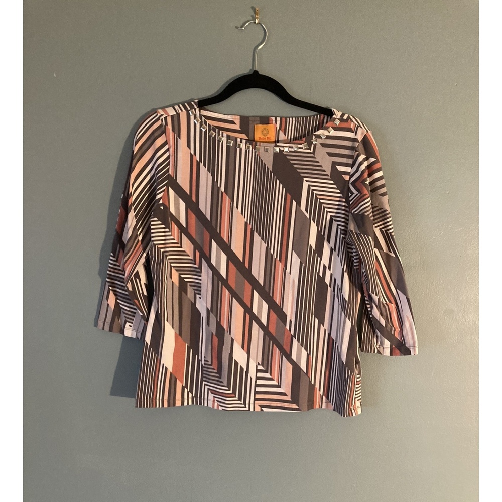Ruby Rd. peach, black, white geometric 3/4 sleeve top/shirt bejeweled collar med